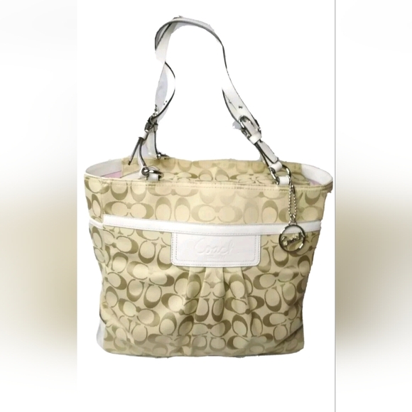 Coach Signature Pleated Large Gallery Tote Khaki~White Handbag 14670 Retail $358 - Picture 1 of 9